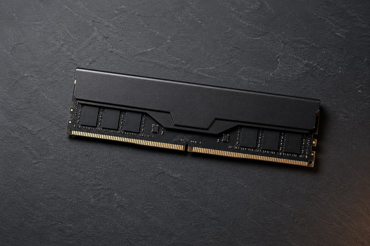 Mattschwarzer DDR5-RAM-Riegel liegt diagonal auf dunkler Schieferoberfläche, von links kühl beleuchtet, mit sichtbaren goldenen Kontakten und kurzem Schatten nach rechts.