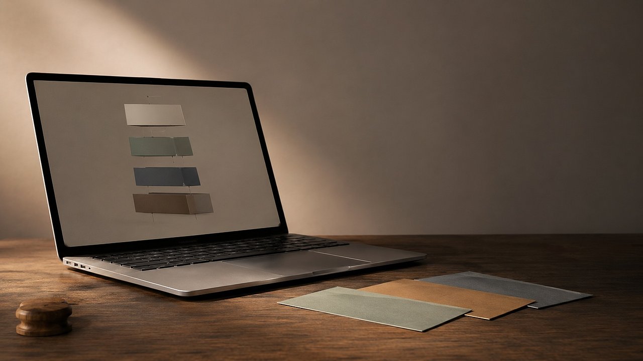 Offener Laptop auf Eichentisch mit abstraktem, gestapeltem Workflow auf dem Bildschirm, daneben drei überlappende Karteikarten in gedämpften Tönen und ein kleiner Eichenholz-Token — Editorial-ruhige Andeutung modularer Agenten-Bausteine.