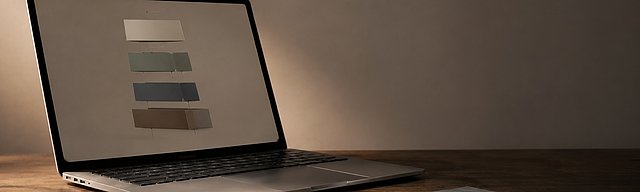 Offener Laptop auf Eichentisch mit abstraktem, gestapeltem Workflow auf dem Bildschirm, daneben drei überlappende Karteikarten in gedämpften Tönen und ein kleiner Eichenholz-Token — Editorial-ruhige Andeutung modularer Agenten-Bausteine.