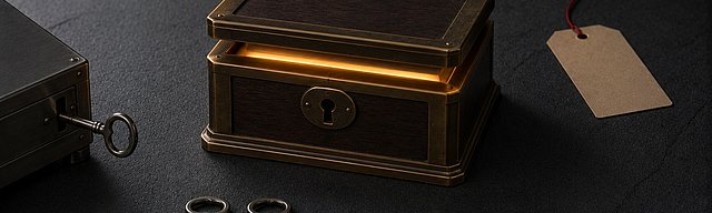 Antike Messing-und-Walnuss-Schließbox auf glattem Beton, leicht geöffnet mit warmem Lichtstrahl im Spalt; daneben zwei nahezu identische Edelstahl-Schlüssel und ein dritter, halb in einem separaten Schloss steckender Schlüssel als parallele Einbruchspur. Daneben eine Kraftpapier-Etikette mit oxblutfarbenem Faden im kühlen Nordlicht.
