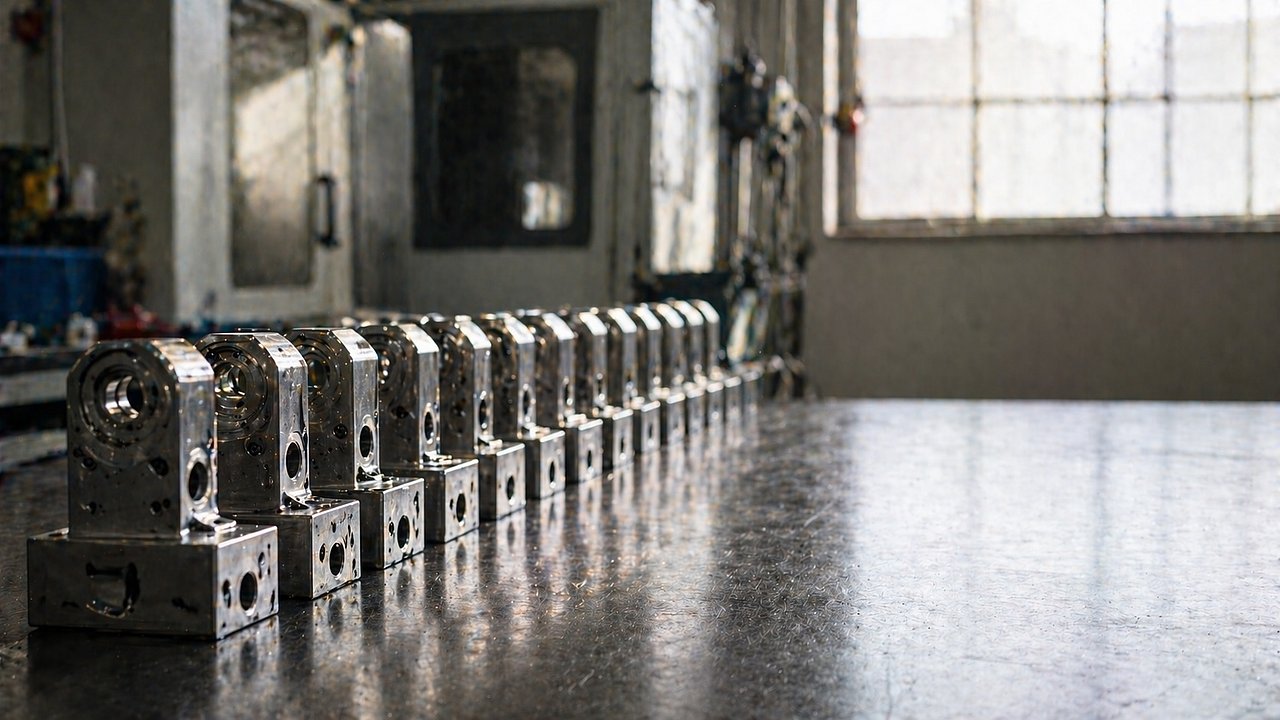 Reihe identisch gefertigter Metallbauteile exakt ausgerichtet auf einer Werkbank im Seitenlicht.