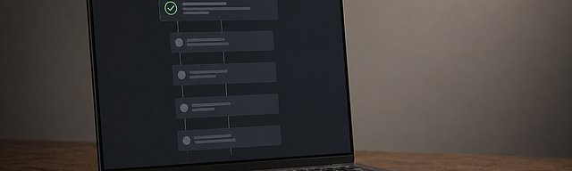 Moderner dunkler Laptop geöffnet auf einem Eichen-Schreibtisch, auf dem Screen ein abstrakter Pull-Request-Workflow mit einem dezenten grünen Häkchen-Akzent, im weichen Studiolicht.
