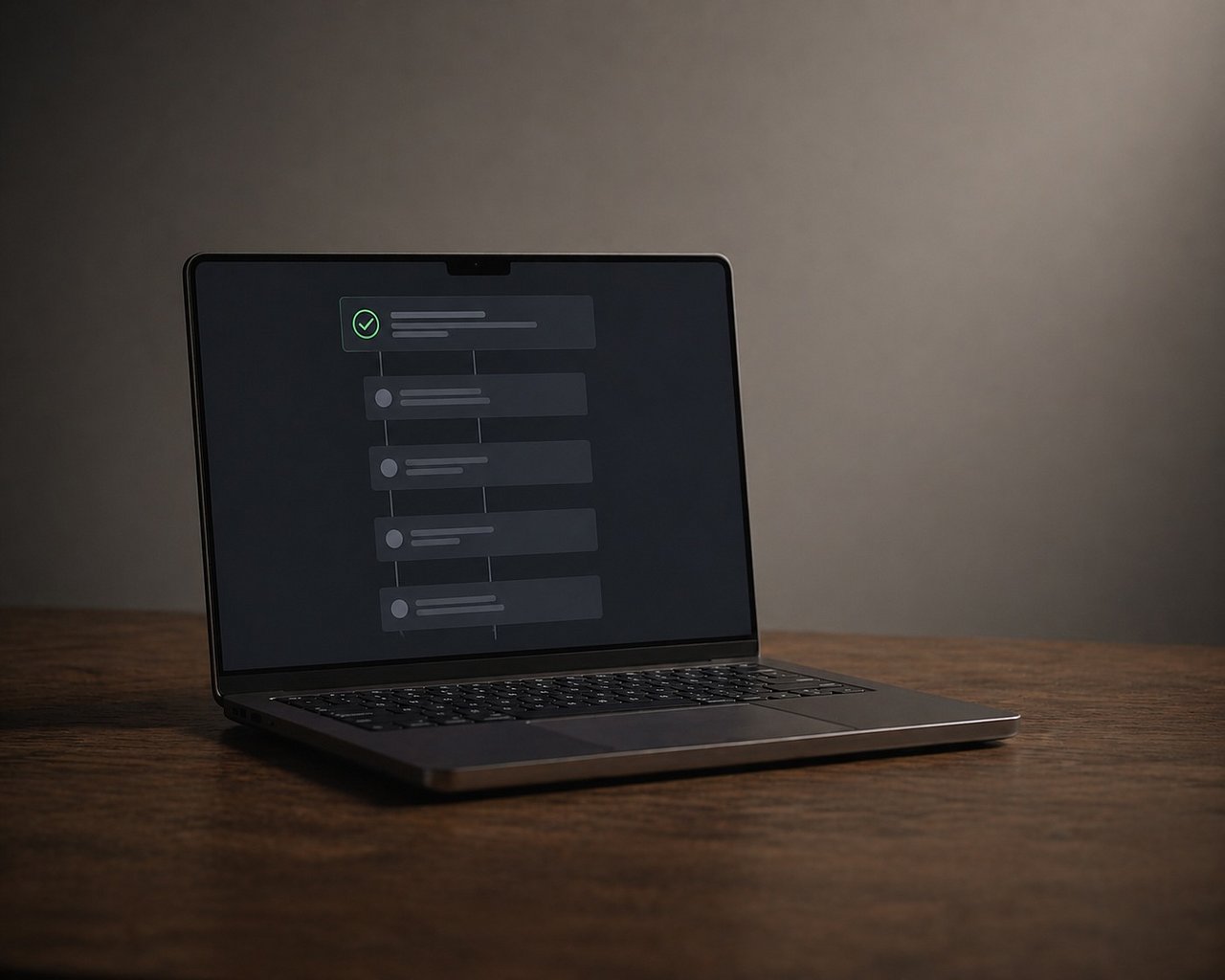 Moderner dunkler Laptop geöffnet auf einem Eichen-Schreibtisch, auf dem Screen ein abstrakter Pull-Request-Workflow mit einem dezenten grünen Häkchen-Akzent, im weichen Studiolicht.