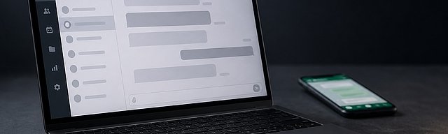Mattgrauer Business-Laptop mit Enterprise-Messaging-Interface scharf im Vordergrund, ein Smartphone mit Consumer-Messenger unscharf im Hintergrund — Metapher für die strukturelle Trennung von Business- und Consumer-Kommunikation.