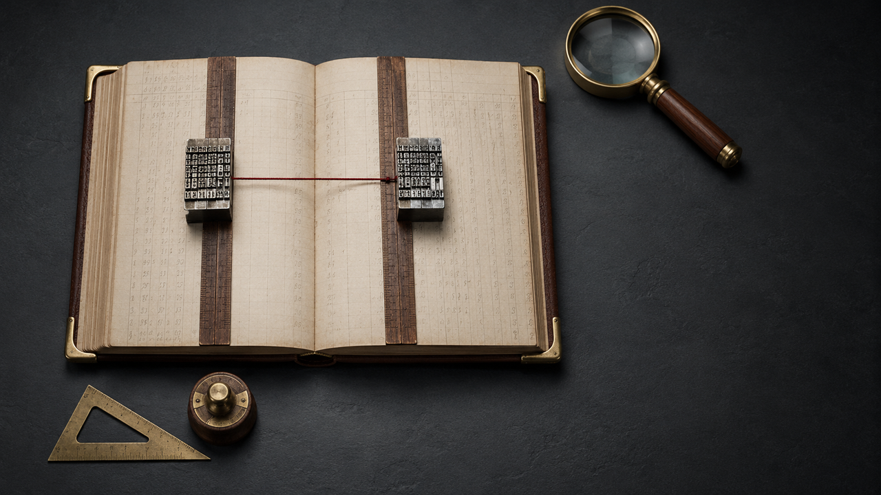 Aufgeschlagenes Hauptbuch mit zwei parallelen, durch Walnusslineale geführten Spalten auf mattem dunklem Schiefer; zwei identische Bleisatz-Blöcke aus gebürstetem Stahl liegen auf den Spalten — einer perfekt ausgerichtet, der zweite um einen halben Millimeter verschoben. Ein oxblutroter Seidenfaden überbrückt die Verschiebung. Oben rechts eine Messinglupe mit Walnussgriff, unten links Messing-Set-Square und Kalibriergewicht. Metapher für zwei Mess-Pässe im Pool-Allocator, deren minimaler Versatz das Slip-Verhalten auslöst.