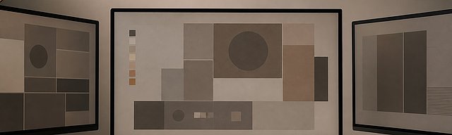 Drei Monitore mit ruhigem Content-Workflow auf Eichentisch, daneben mechanische Tastatur, weiches Tageslicht von links.