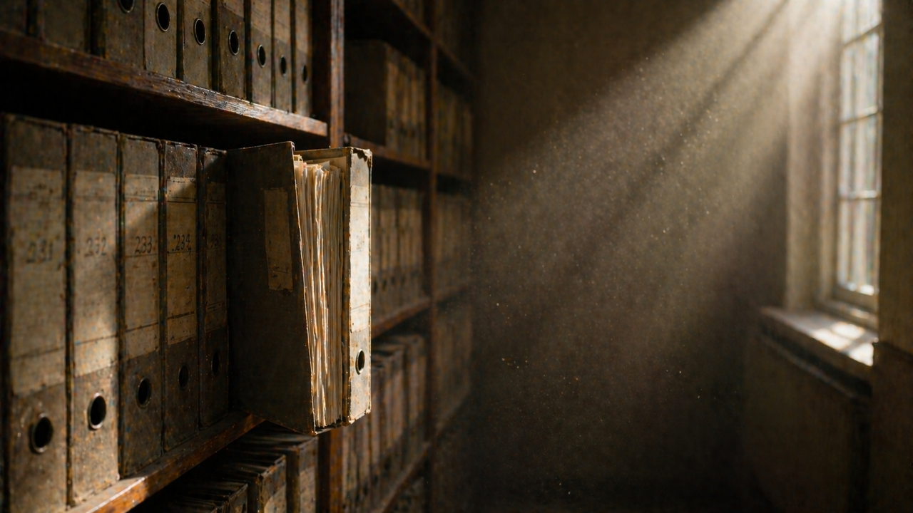 Verstaubtes Archivregal mit Aktenordnern, ein einzelner Ordner steht offen heraus im schrägen Fensterlicht.