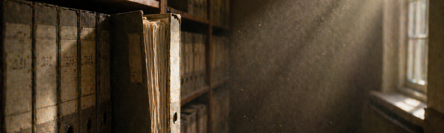 Verstaubtes Archivregal mit Aktenordnern, ein einzelner Ordner steht offen heraus im schrägen Fensterlicht.