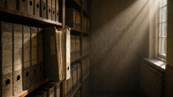 Verstaubtes Archivregal mit Aktenordnern, ein einzelner Ordner steht offen heraus im schrägen Fensterlicht.