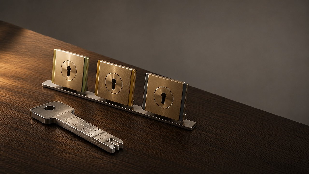 Präzisionsgefertigter Generalschlüssel aus gebürstetem Aluminium auf Eichentisch, daneben drei abgestimmte Brass-Schliessblech-Platten in einem präzisen Bogen auf einer Stahl-Schiene, jede Platte mit einem dezenten Farb-Band in Salbei, Ocker und Schiefer. Weiches gerichtetes Tageslicht von links.