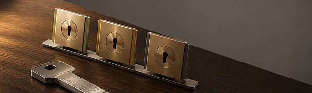 Präzisionsgefertigter Generalschlüssel aus gebürstetem Aluminium auf Eichentisch, daneben drei abgestimmte Brass-Schliessblech-Platten in einem präzisen Bogen auf einer Stahl-Schiene, jede Platte mit einem dezenten Farb-Band in Salbei, Ocker und Schiefer. Weiches gerichtetes Tageslicht von links.