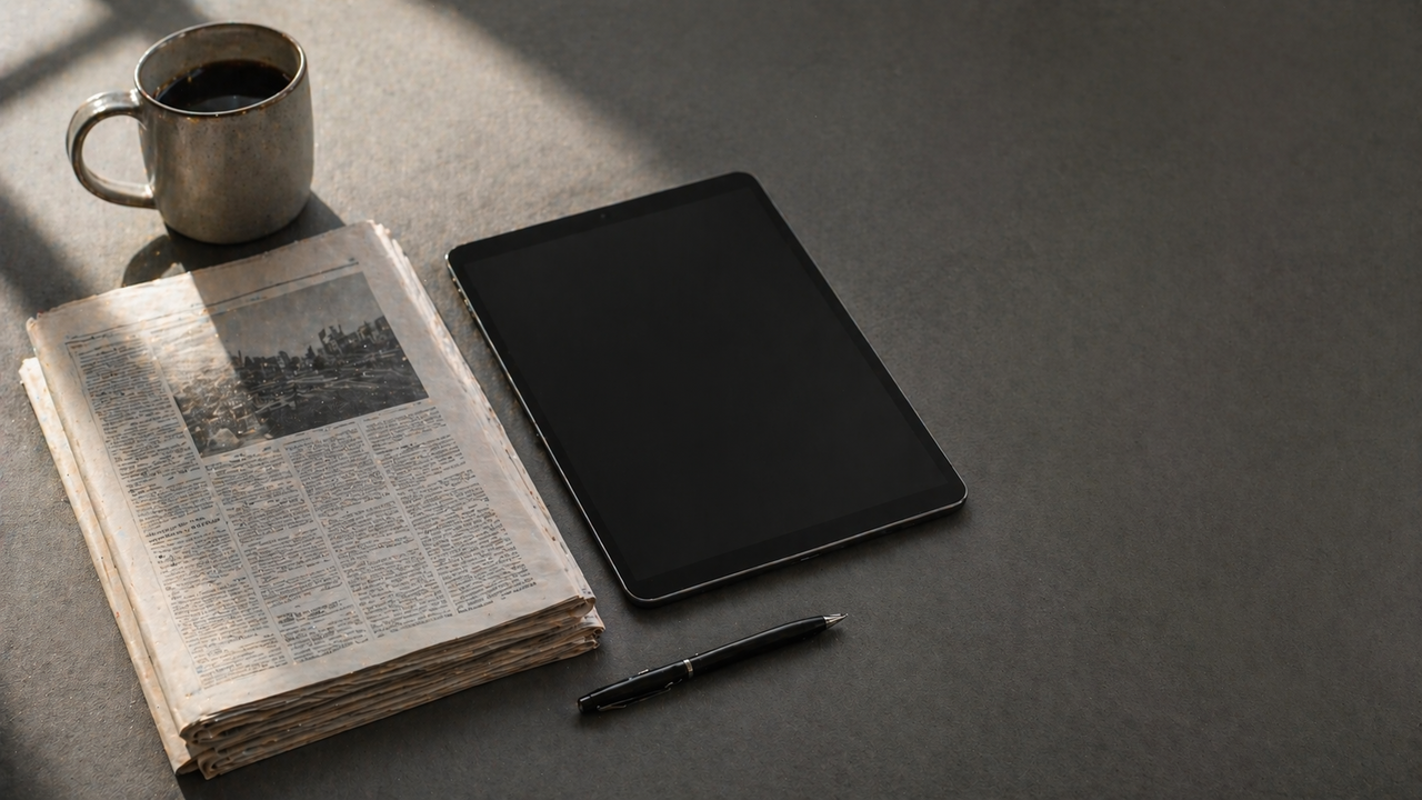 latlay von oben mit gefalteter gedruckter Zeitung neben einem geschlossenen Tablet auf einem Redaktionstisch.