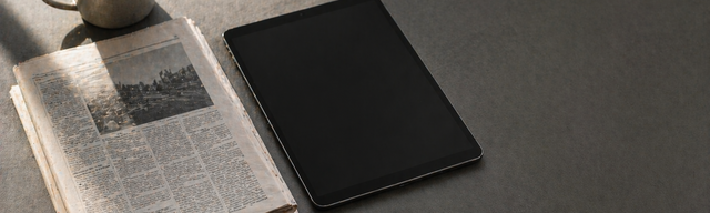 latlay von oben mit gefalteter gedruckter Zeitung neben einem geschlossenen Tablet auf einem Redaktionstisch.