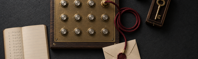 Straight-on Aufsicht auf eine matte dunkle Schieferplatte: ein flach liegendes Messing-und-Walnuss-Klappenschrank-Panel mit zwölf Terminalanschlüssen in drei Reihen, elf davon mit Stahlkappen verschlossen, nur einer mit einem Messingstecker belegt; aus diesem einen Anschluss steigt eine geflochtene oxblutrote Seidenschnur in lockerer Schlinge zu einem kleinen cremefarbenen Brief mit intaktem oxblutrotem Wachssiegel; links daneben ein offenes Hauptbuch mit zwölf Bleistift-Einträgen, nur der zwölfte trägt einen oxblutroten Haken; oben rechts eine Messinglupe und ein geschlossenes Walnussetui mit Messingschlüssel — kühles Studio-Tageslicht von oben links, schiefergrauer Hintergrund mit Negativraum rechts.