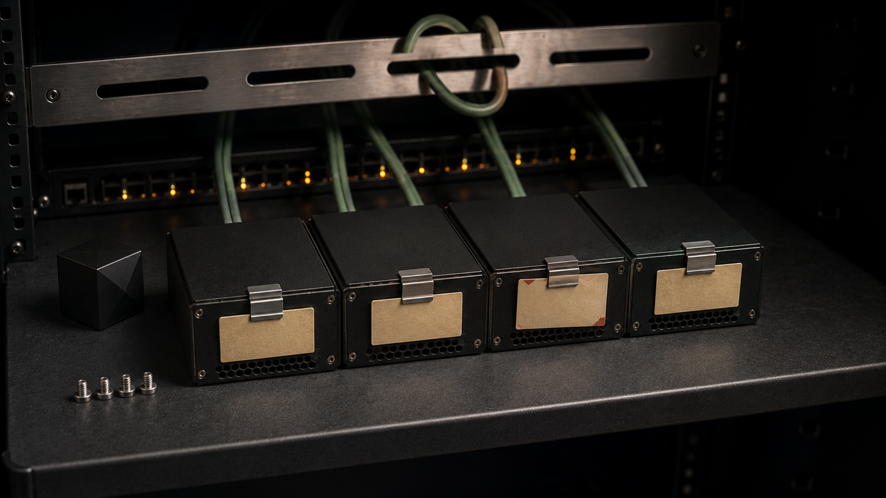 Dunkles 19-Zoll-Rack mit FrankenPHP-Worker-Hosts: matt-schwarze Edge-Boxen, sage-grüne Patch-Kabel an den Switch-Ports, ein Modul-Cartridge mit Kraftpaper-Mono-Label und einem einzelnen oxblood-Etikett. Status-LEDs der Switch-Frontblende leuchten ruhig pulsierend, die rechte Bildhälfte fällt in tiefes Schwarz ab und lässt Negative Space für das Title-Overlay.