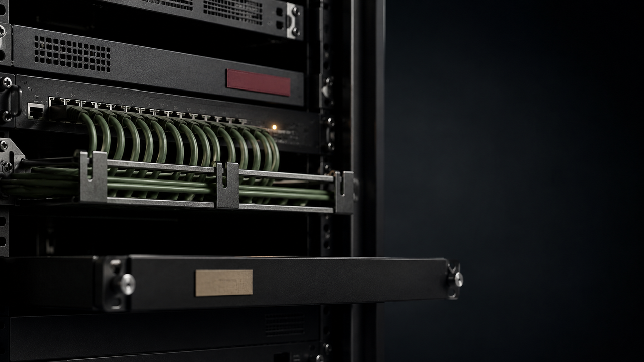 Matte-schwarze Server-Edge-Box im Rack-Vordergrund mit sage-grünen Patch-Kabeln — Metapher für präzise Analytics ohne Überwachung.