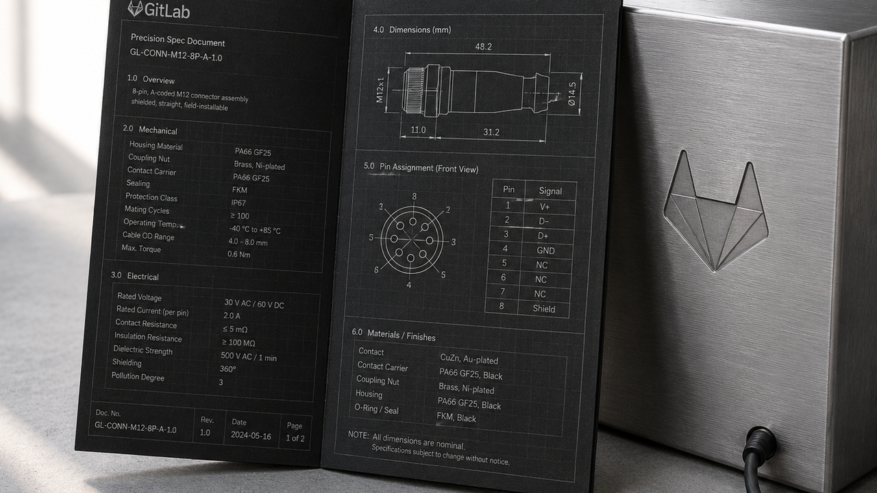 Mattschwarzes Spec-Booklet mit Rasterlinien auf gebürstetem Stahlsockel, seitlich eingelassenes GitLab-Fox-Signet, ein einzelnes Verbindungskabel tritt rechts unten aus, weiches Tageslicht von links.