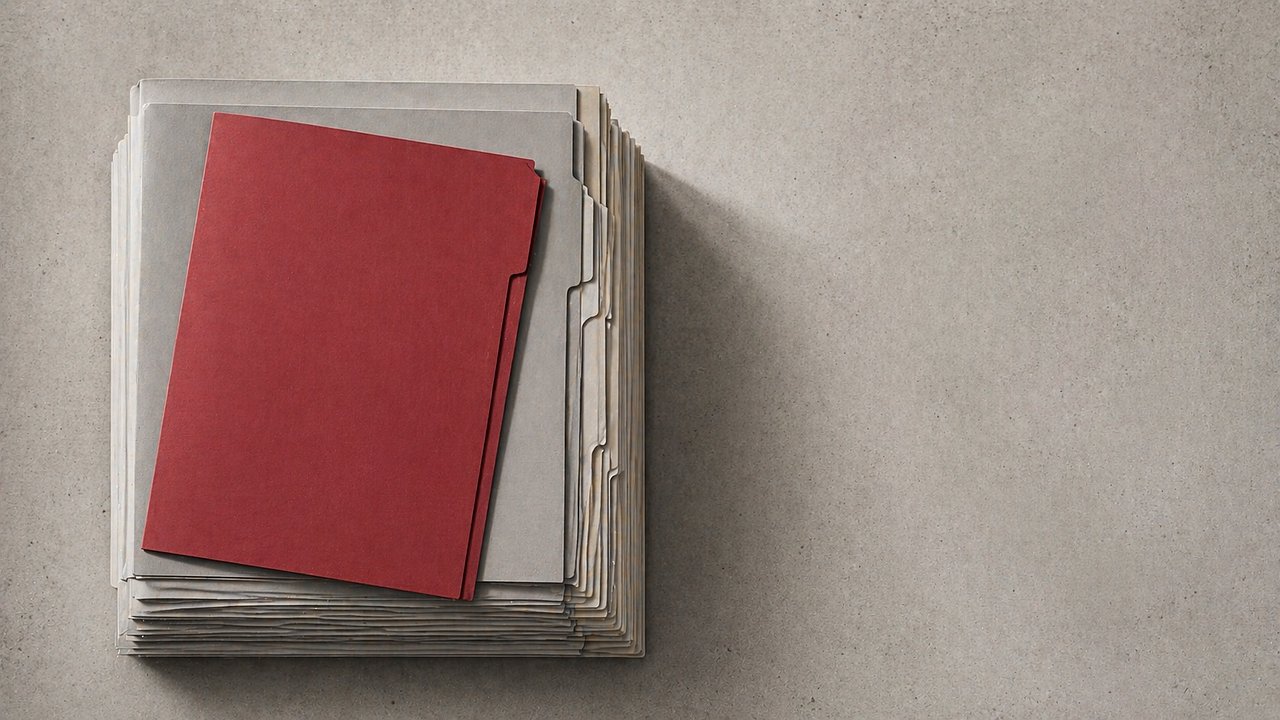 Präzise gestapelte graue Aktenmappen von oben fotografiert, eine rote Mappe hebt sich deutlich ab.