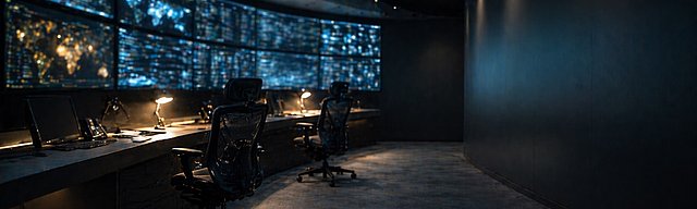 Abgedunkelter Leitstand bei Nacht mit zwei leeren Bürostühlen vor einer Wand aus leuchtenden Monitoren.