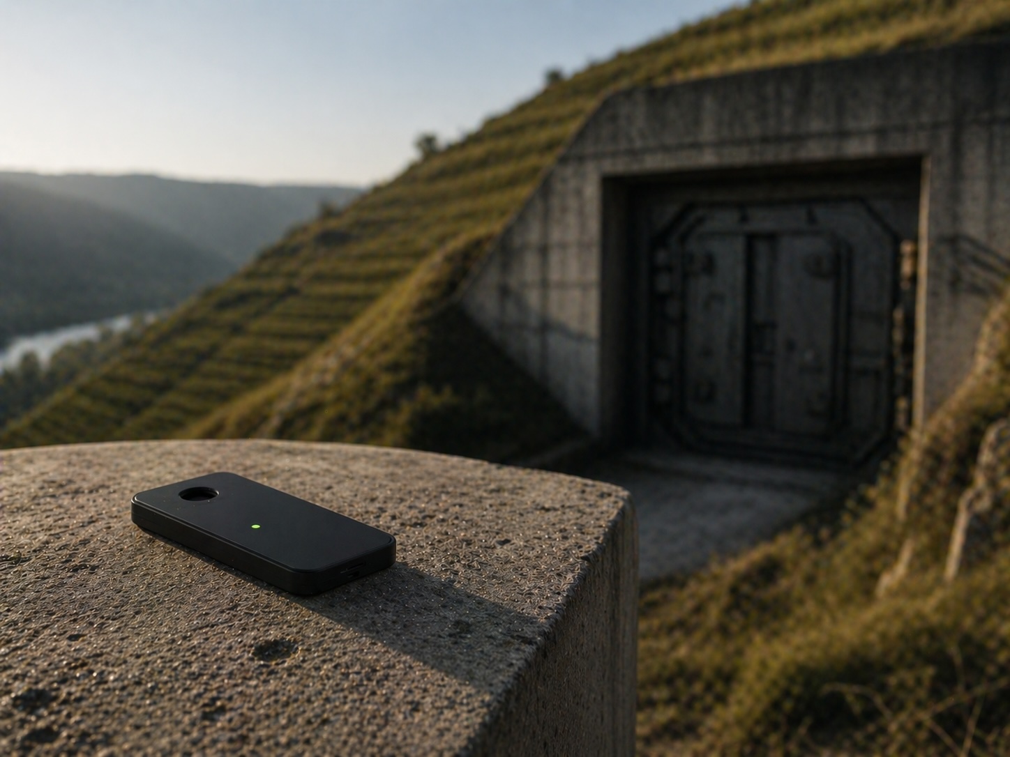 Moderner schwarzer Hardware-Security-Token mit dezenter grüner LED auf einem verwitterten Beton-Sockel, im Hintergrund ein in die Mosel-Steillage eingelassener massiver Bunker-Eingang aus Beton und Stahl im kühlen Morgenlicht.
