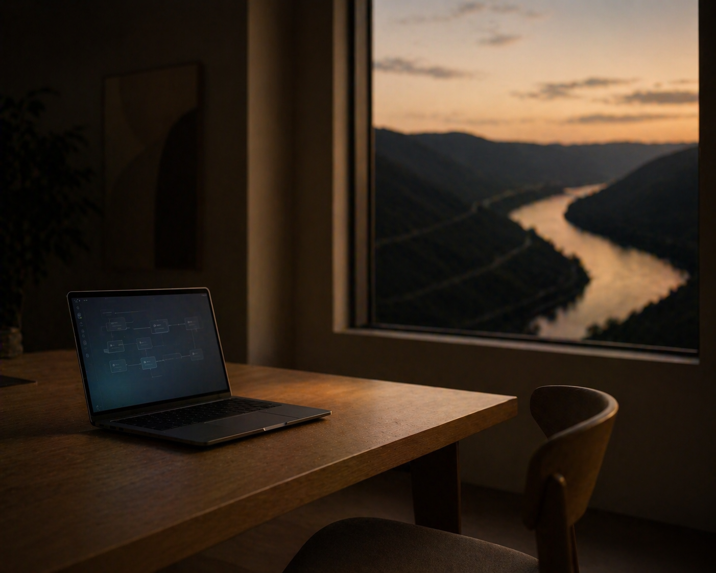 Leerer Arbeitsplatz in der Abenddämmerung mit leerem Stuhl und aufgeklapptem Laptop auf einem Eichen-Schreibtisch, durch das Fenster rechts das weich gezeichnete Moseltal im letzten Tageslicht.