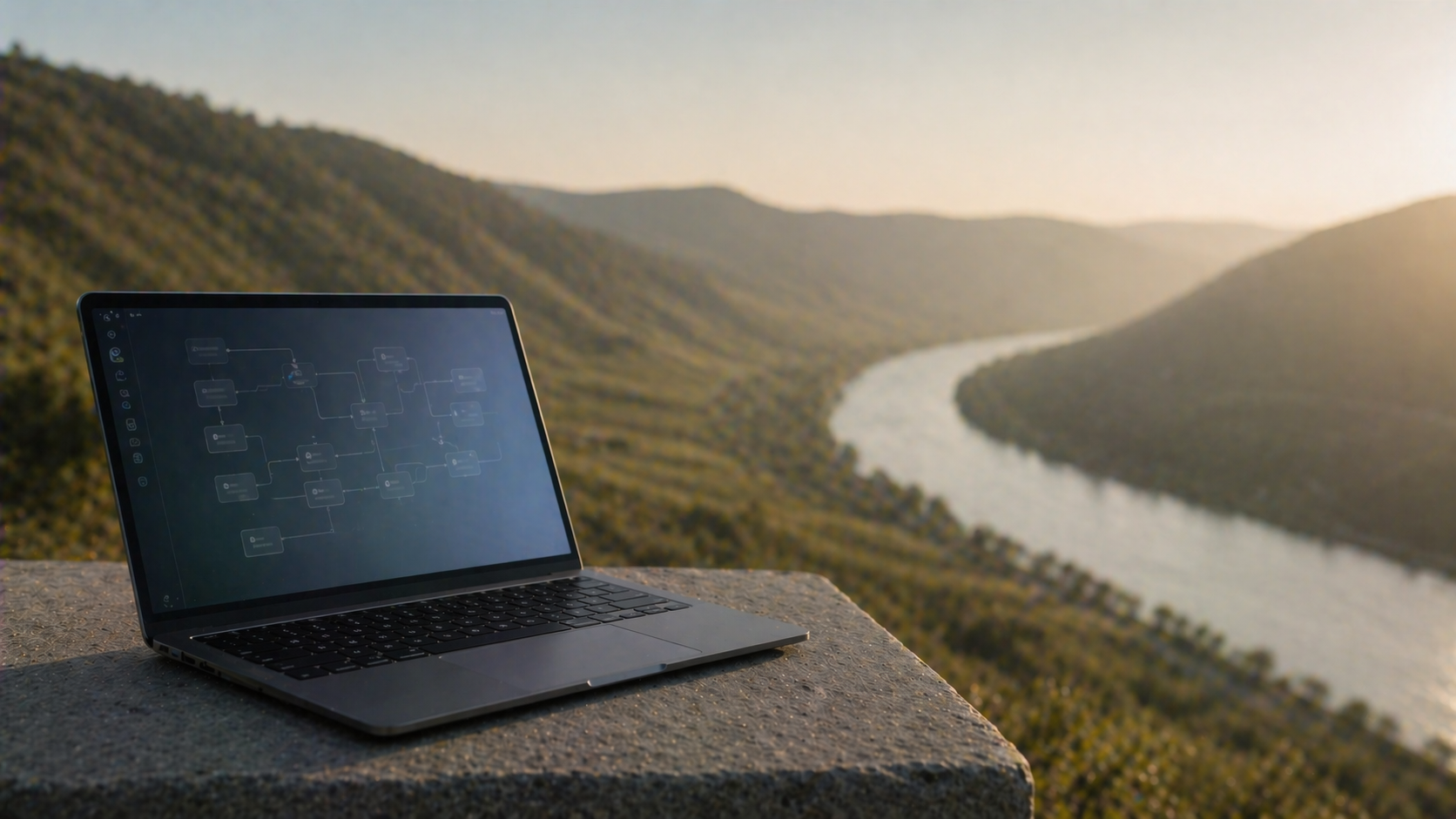 Moderner dunkelgrauer Laptop geöffnet auf einer ruhigen Stein-Oberfläche im Weinberg, auf dem Screen ein abstrakter Workflow als Form, dahinter das weich gezeichnete Moseltal im warmen Nachmittagslicht.