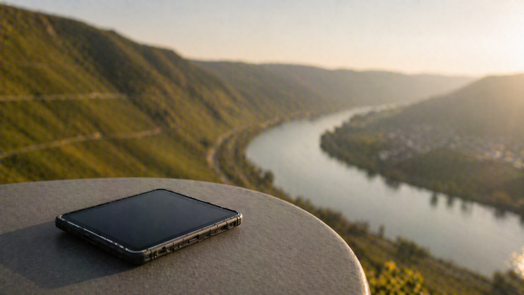 Moderner dunkelgrauer Tablet auf einer ruhigen Stein-Oberfläche, im Hintergrund das weich gezeichnete Moseltal mit steiler Hanglage und Flussbiegung im warmen Nachmittagslicht.